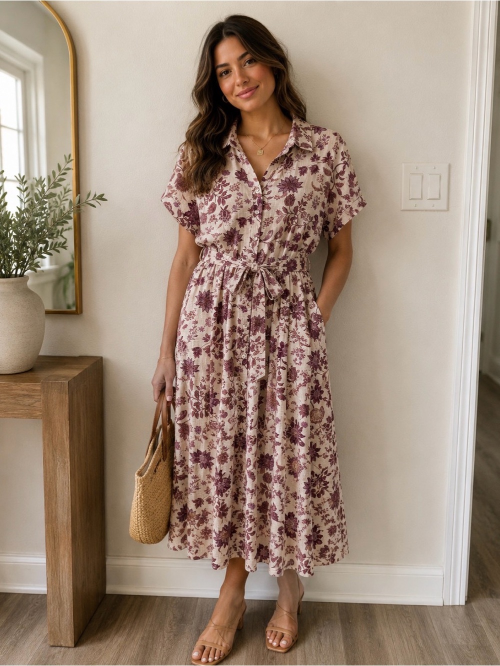 Lucky Brand Dusty Rose Floral Shirt Dress with Tie Belt